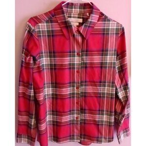 Foxcroft Appleseeds Blouse  14P Shaped Wrinkle Free Long Sleeve Red Plaid